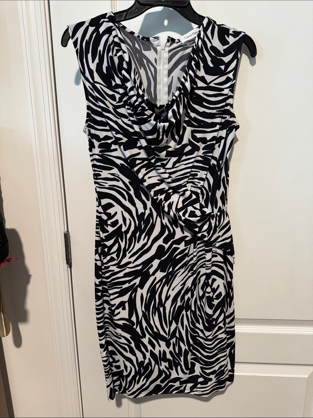 Calvin Klein Black & White Zebra-Print Draped Sheath Dress